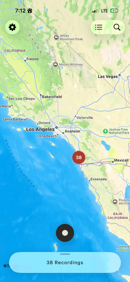 Map view showing recorded voice memos by location