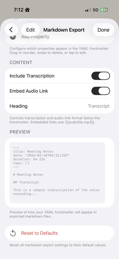 Markdown export settings for voice memos